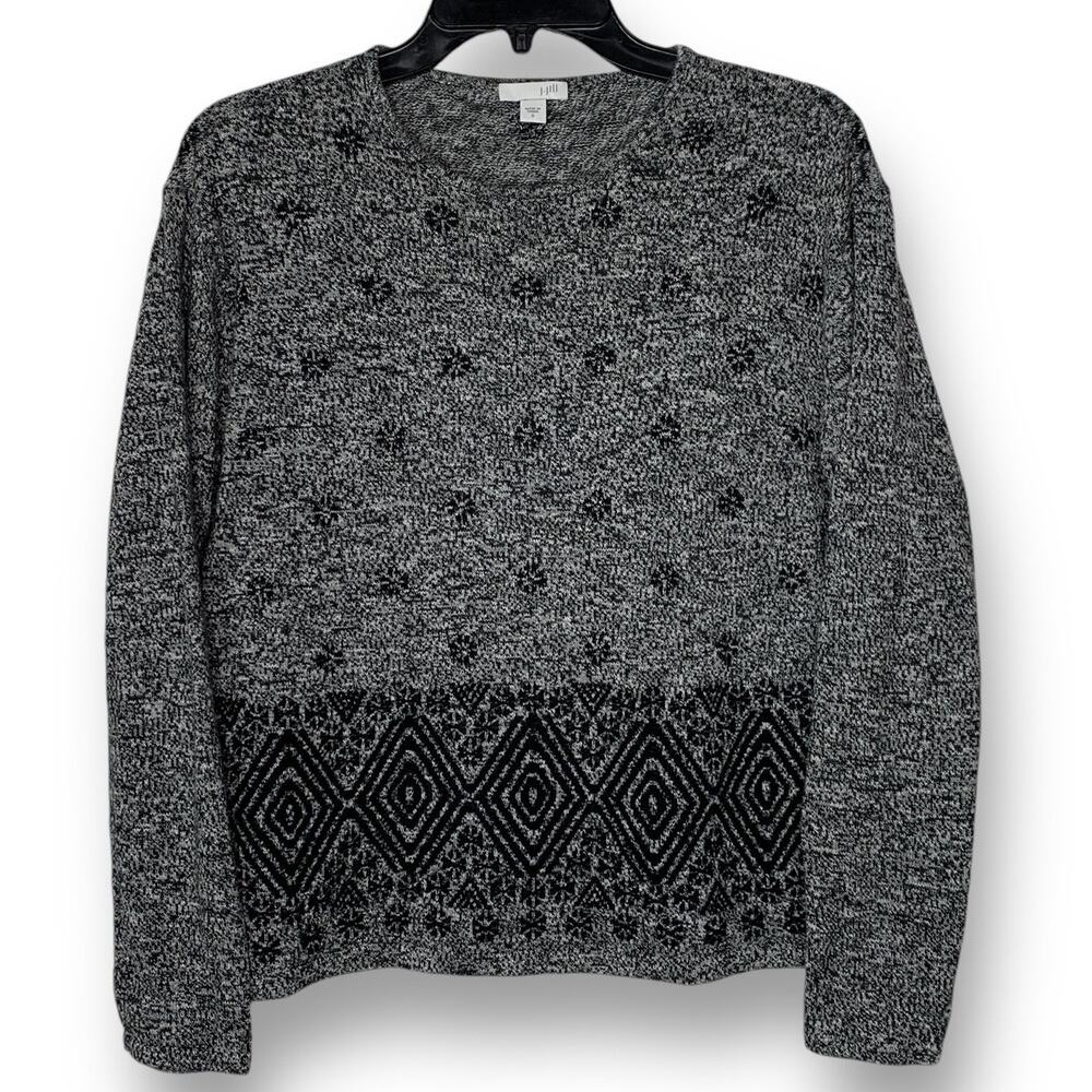 J. Jill Sweater Black Gray Heather Geometric Knit Crew Neck Pullover Size Small